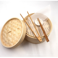 Vaporizador de bambú natural hecho a mano de 8 pulgadas y 2 niveles con plato y forros